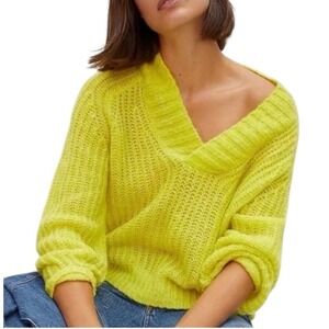 Anthropologie Sweater Women Small Yellow Neon Honore Ribbed Wool Blend‎ Preppy